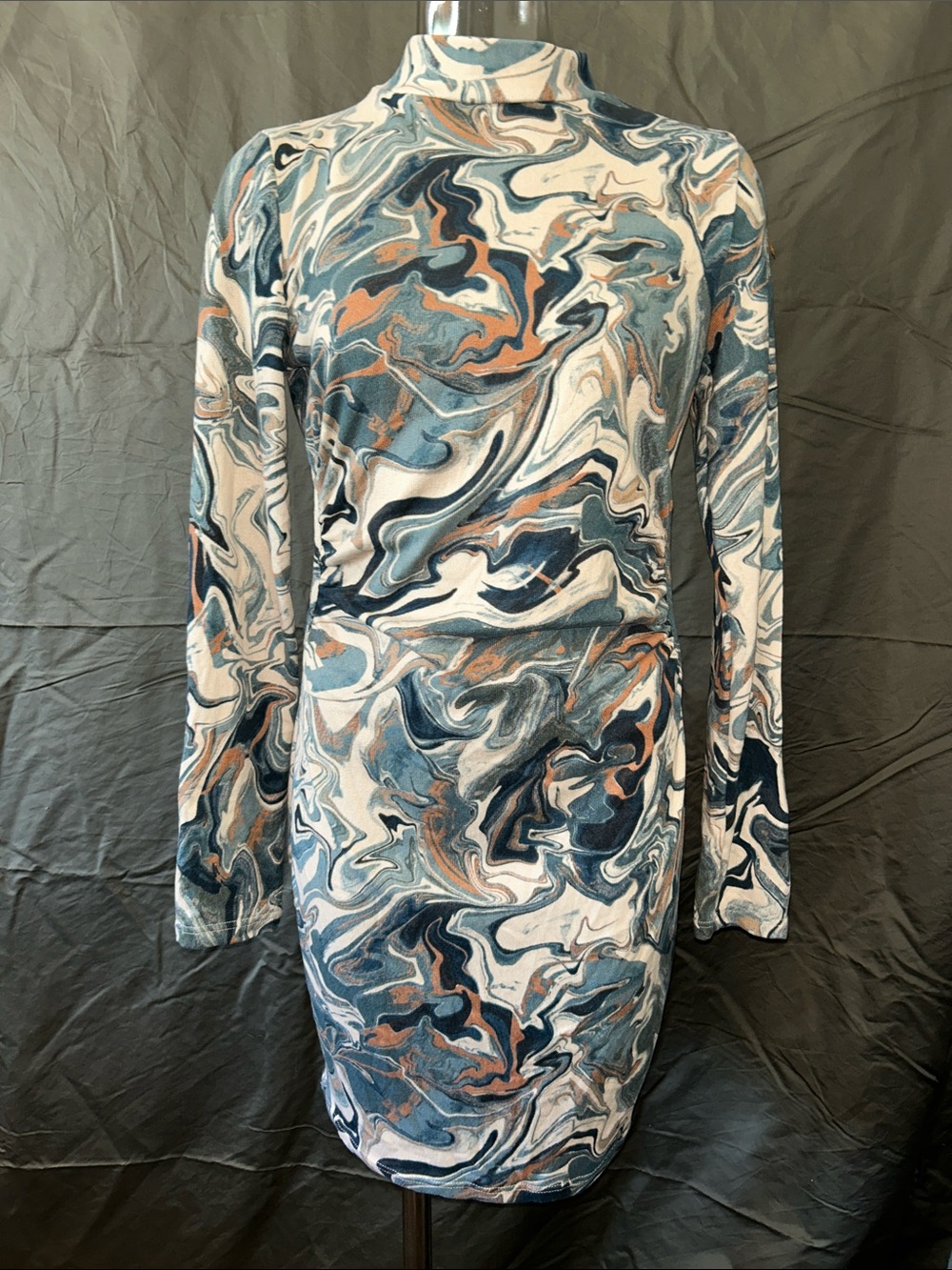 Marble-Print Turtleneck Long Sleeve Dress in Blue & Cream